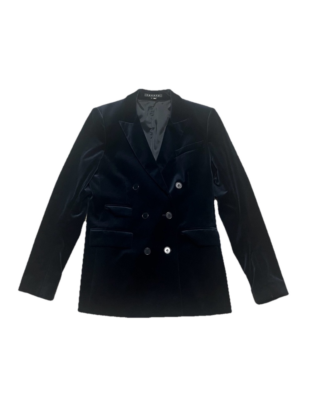 Theory Velvet Blinn Blazer Jacket Blue Size 6 Black Sapphire Double Breasted